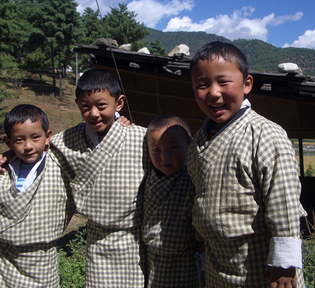 Students at the Montessori school in Paro, Bhutan, wearning the traditional costume